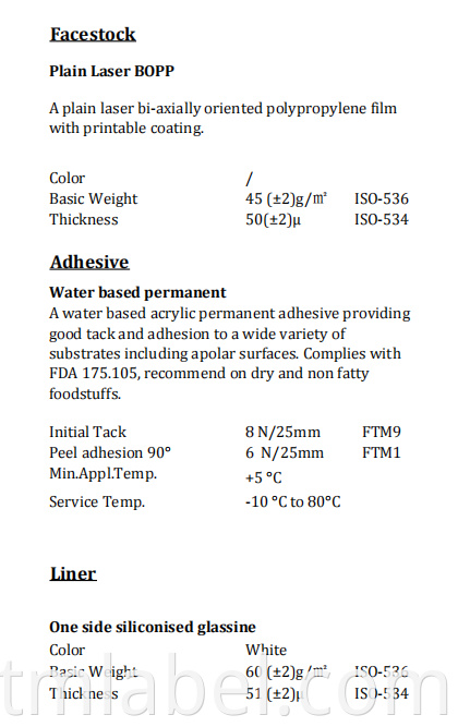 Plain Laser BOPP (TC) Water Based Permanent White Glassine